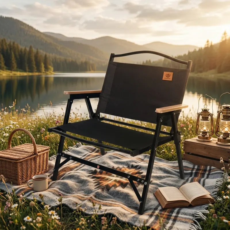 Lightweight Collapsible Camping Chair with Wooden Arms, Foldable Outdoor Chair for Hiking, Picnic, Tailgating & Trips