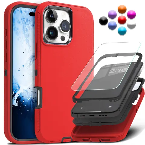Rubber Durable Shockproof Rugged Heavy-Duty Triple-Layer Phone Case for iPhone 18 Pro Max/17/17e/Air/16/16e/15/14 Plus/13/12/11 Pro Max - Phone Accessories with Free Screen Protector, Handheld Device Protection Accessories