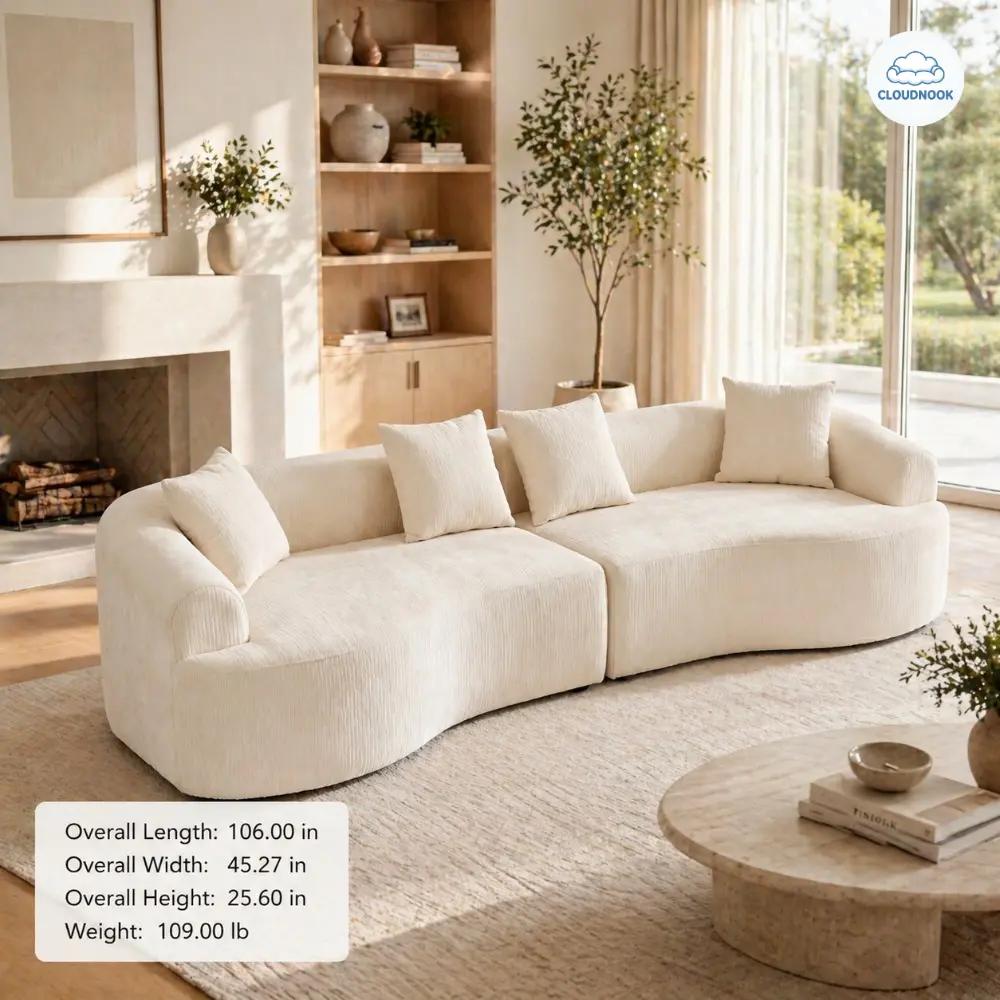 Curved Boneless Sofa, 106" Compression Modular Sectional Couch, Chenille Upholstered Cloud Sofa with High-Density Foam, No Assembly Sleeper Couch for Living Room, Bedroom, Apartment, White