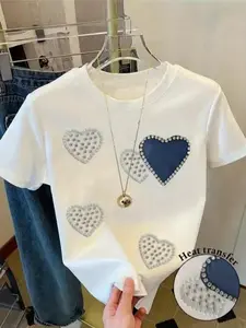 Rhinestone Heart Graphic Tee Women Cute Bling Short Sleeve Crewneck T Shirt Soft Stretch Casual Basic Top For Everyday Streetwear Summer Outfit