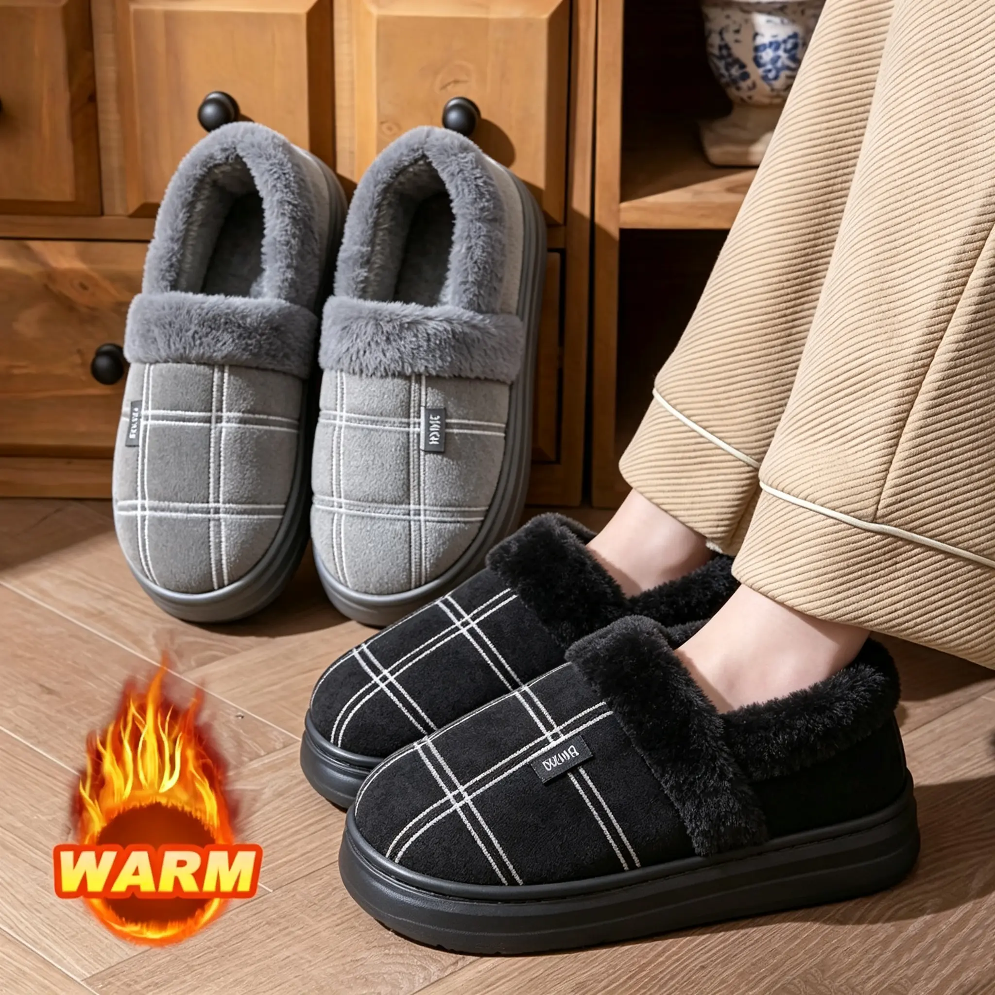 Plus Size House Slippers for Men Fur Lined Cozy Warm Plush Fluffy Home Shoes Slip On Memory Foam Bedroom Slippers Indoor and Outdoor