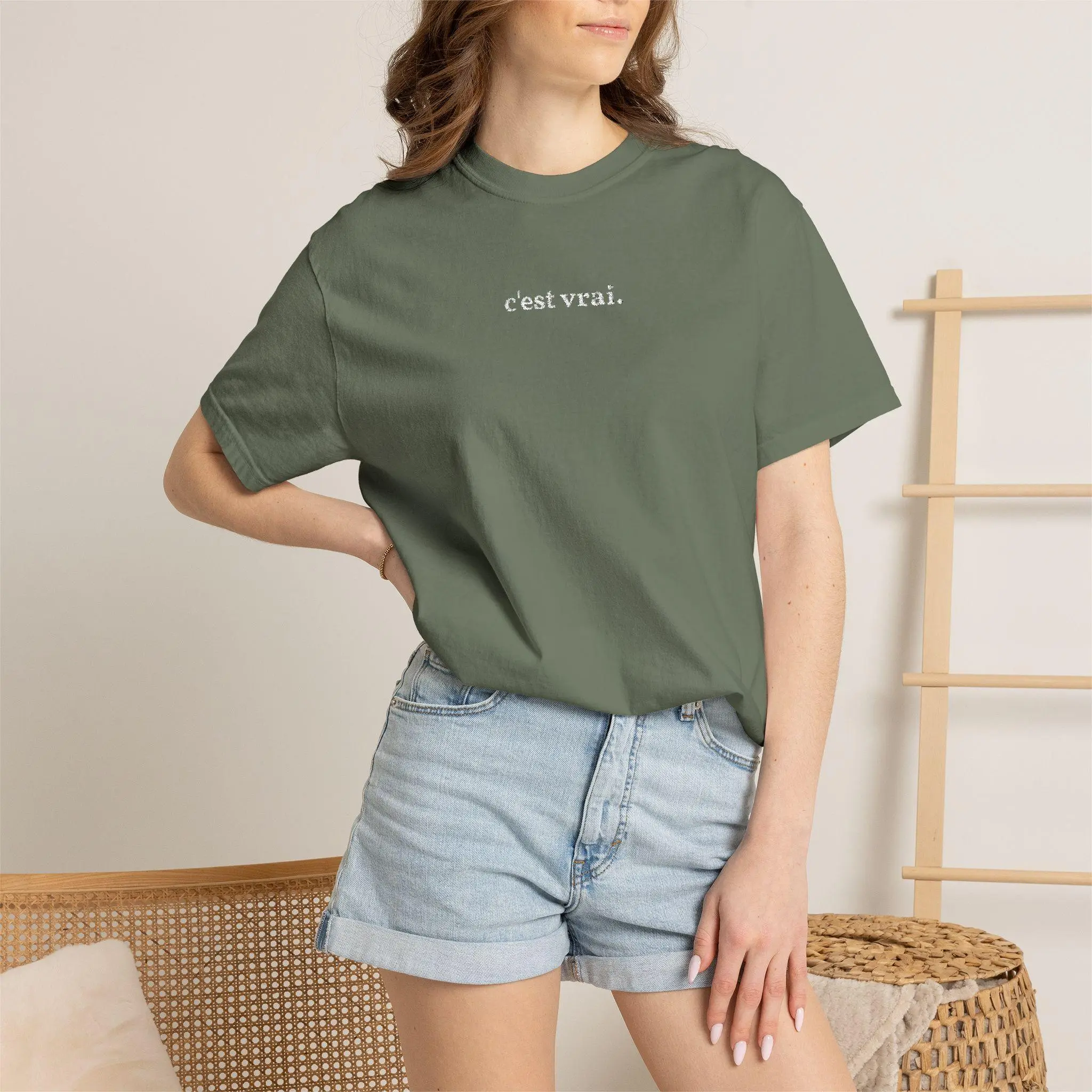 c'est vrai ("it's true") embroidered Comfort Colors T-shirt -  minimalist French text Cotton Fabric Fit Flannel Knit Soft Top Womenswear comfort tee