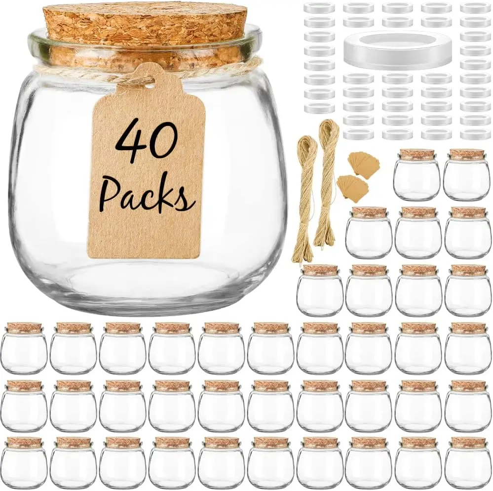Syntic 40-Pack 7 oz Airtight Glass Mason Jars Set with Cork Lids & PE Lids, Cute and Stylish Dishwasher Safe Kitchen Preserving Containers for Wedding Favors, Candy (Includes Twine, Labels; Ideal for DIY Projects, Home Decoration)