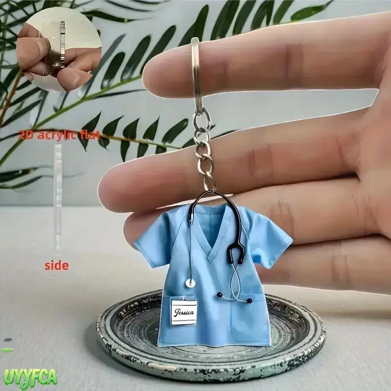 Personalized Nurse Scrubs Keychain, 2D Flat Acrylic Keychain with Stethoscope Detail,Cute Medical Pendant Hospital ID Card Holder Medical Staff Keychain, Durable Metal Chain Keyring, Ideal Nursing Graduation Gift, Appreciation Present for Nurses, Doctors,