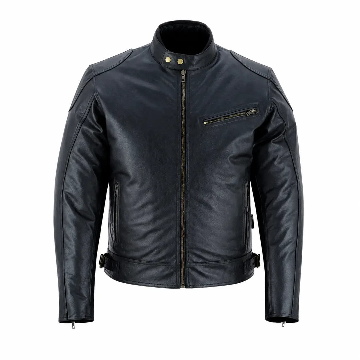 MAX Men Leather Cafe Racer Jacket Retro Padded Shoulder Biker Outerwear Classic Fitted Cruiser Coat