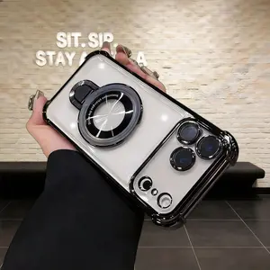 FLXLITE Protective Plated Clear Bracket for iPhone case 17,16,15,14,13,12 Pro Max 17,16,15,14 Plus Cover with Kickstand Four Corners Accessories Handheld Protector Screen Protector Shockproof Protection Casing Cellphone Devices Smartphone Protection