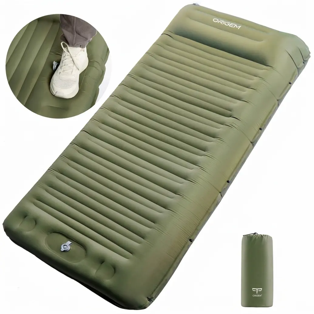 ORIGEM Inflatable Foldable Camping Sleeping Pad with Pillow - 5.5-Inch Thick Hiking Gear, Built-In Pump, Foot Inflation, Connectable Side Snaps, 30-Inch Extra-Wide Compact Pack Ultralight Mat, Ideal for Camping & Hiking, Green Inflatable Bed Sleeping Mats