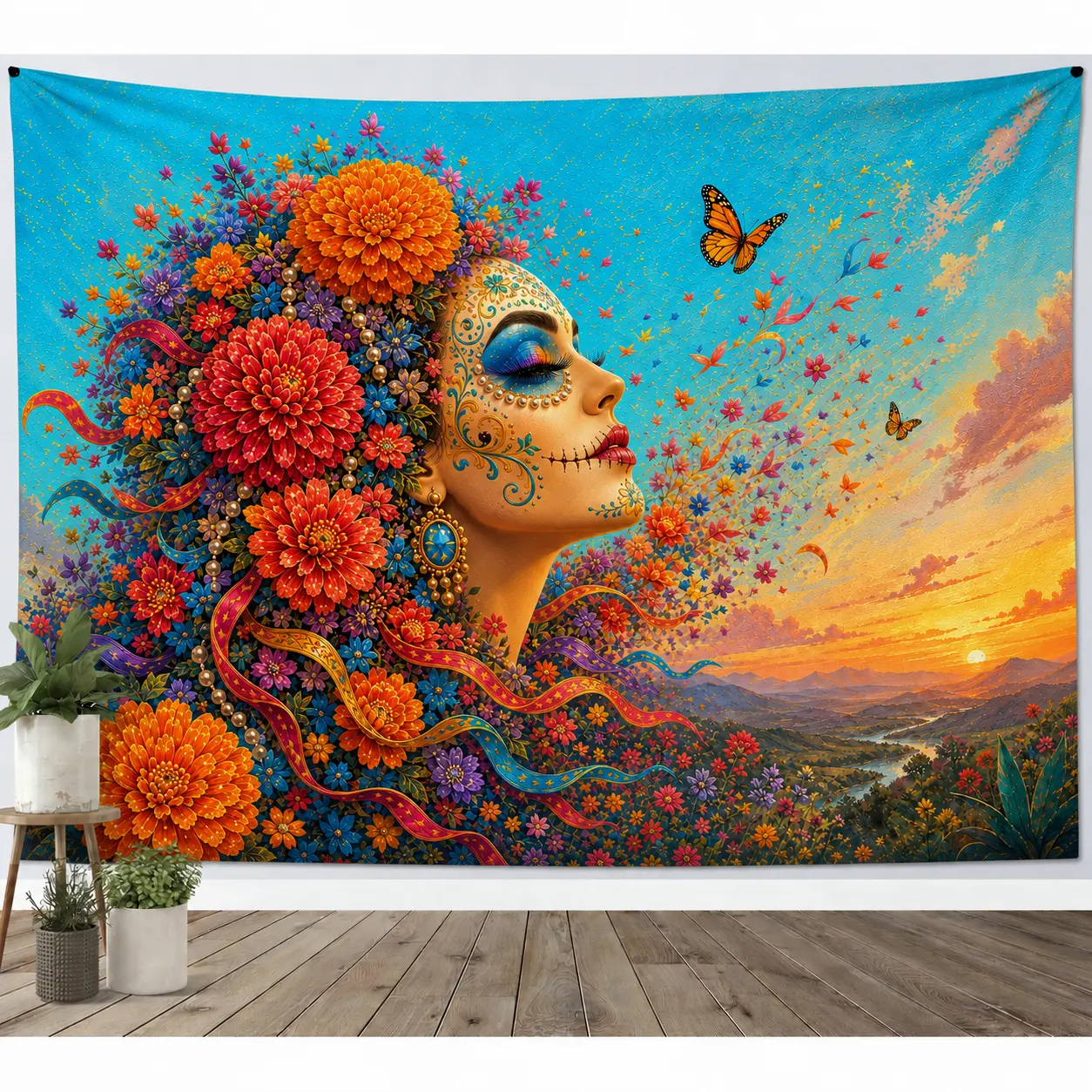 Vibrant Day of the Dead Tapestry, La Catrina Floral Wall Hanging with Monarch Butterflies and Sunset, Colorful Mexican-Inspired Polyester Tapestry for Living Room, Bedroom, Memorial Altar & Party Backdrop