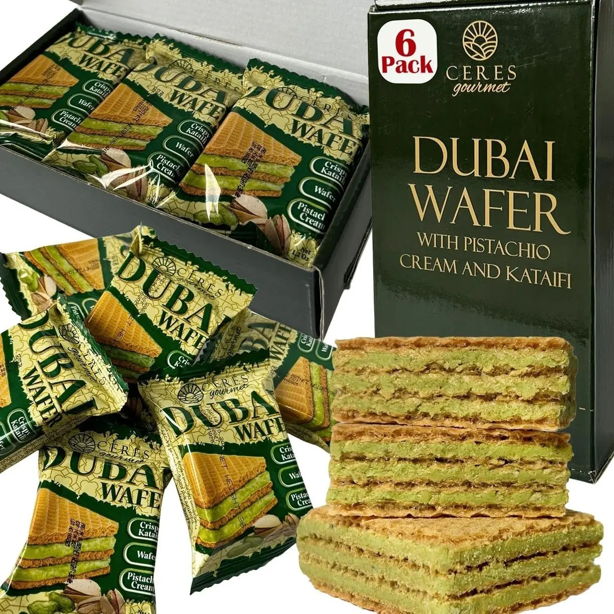 Ceres Gourmet Dubai Pistachio Wafer, 6 Pcs Crispy Kunafa Pistachio Wafer in Individually Pack – Gourmet Dubai Wafers for Christmas, Thanksgiving, and All Special Occasions