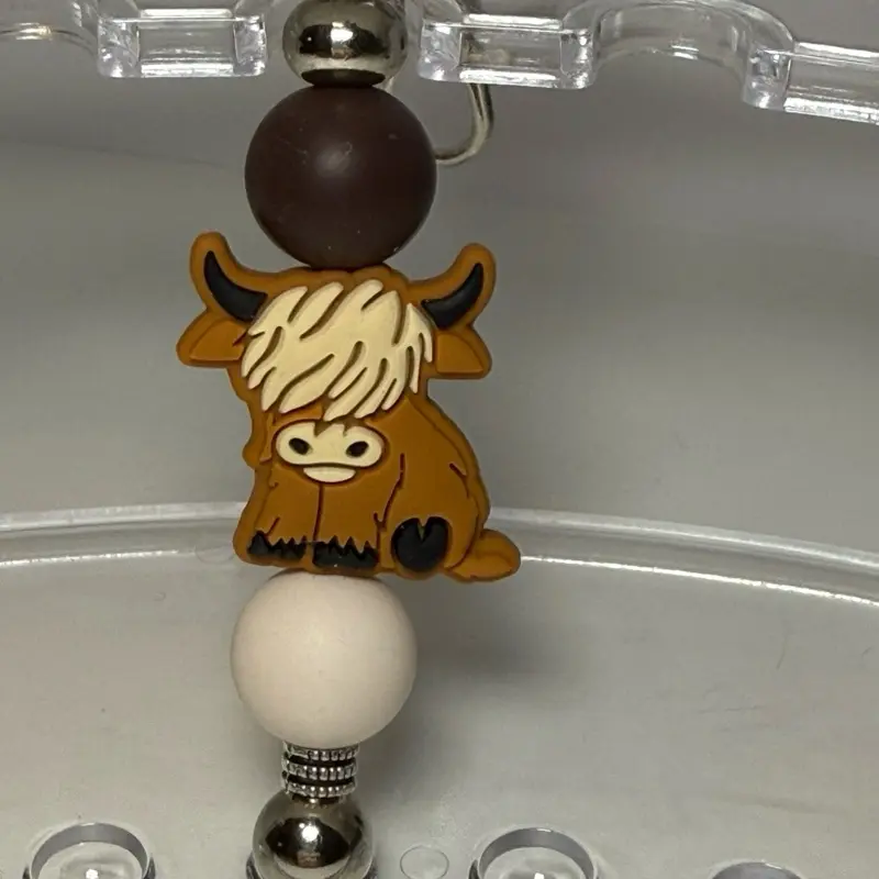 Highland Cow Beaded Keychains with Brown and White Beads and Silver Metal Hook for Keychains