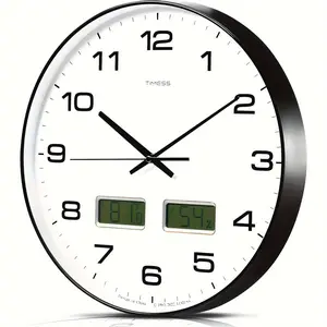 New 14-Inch TIMES Silent Wall Clock - Large 4-Color Temperature & Humidity Display Dual LCD Screen Battery Operated with Simulation Technology Perfect for Modern Home Kitchen and Office Decoration Glass Round