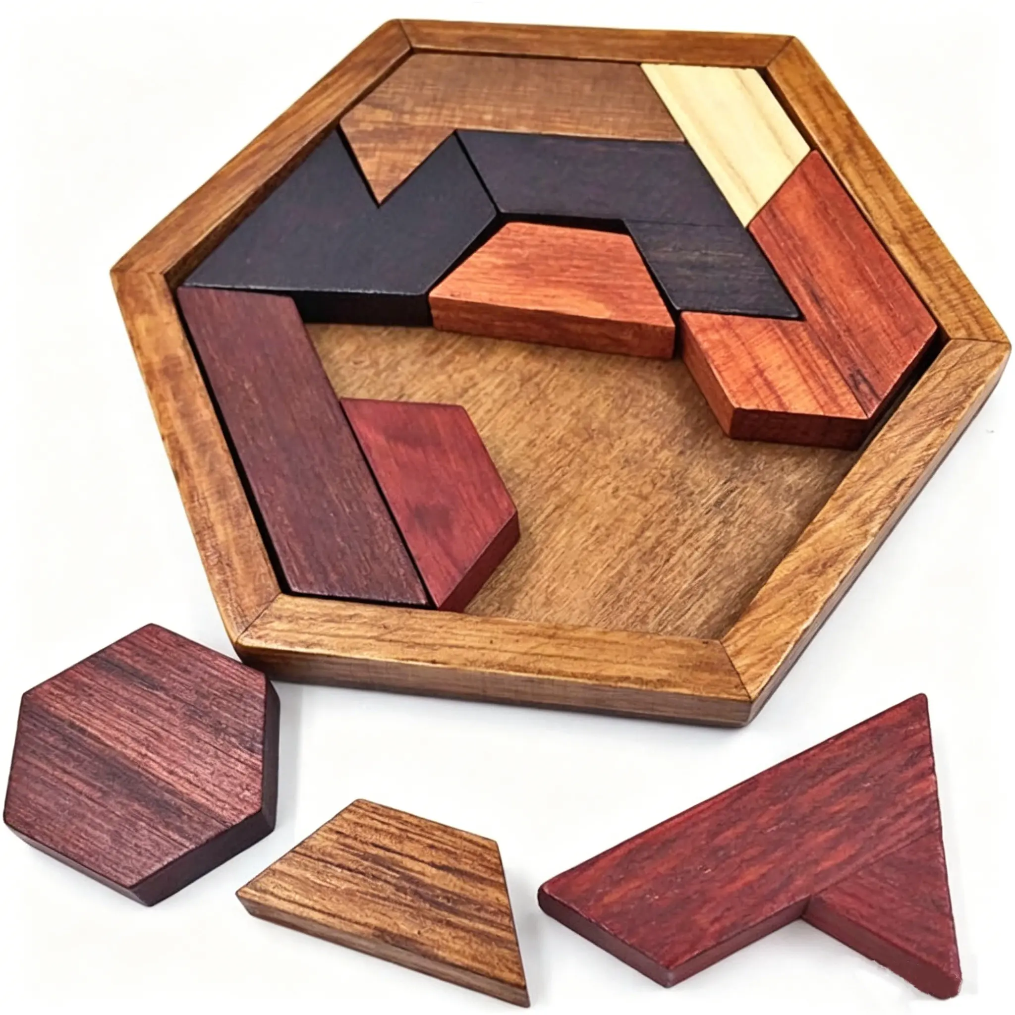 Hexagon Tangram Puzzle Wooden Brain Puzzles for Kids & Adult Challenge Wooden Brain Teasers Puzzle Games for Family Party Gift - Brain Games for Kids