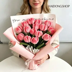 DIY Hand Knit Finished Pink Tulip Bouquet with 9 Tulips, Fully Assembled Twist Pipe Handmade Flower, Everlasting No Wither Floral Gift for Birthday Graduation Home Table Decor