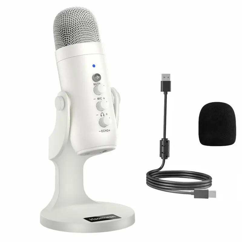 HAOMUREN USB Wired Microphone, Desktop Audio Mic PC Mic 1 Count Condenser Gaming Mic with Gain-Knob & LED Mute & Monitor Volume Adjustment, Stand Base for Streaming, Studio Recording, Live Broadcasting Equipment