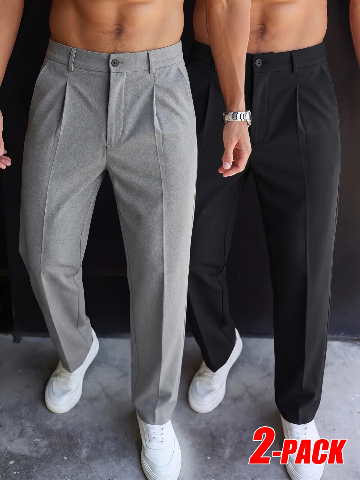 2-PACK Men Double Pleated Straight Long Suit Pants, Wrinkle Resist Breathable All Season Fabric, Classic Old Money Style Look, Fashionable Office Daily Business Casual Long Pants Multi Pack