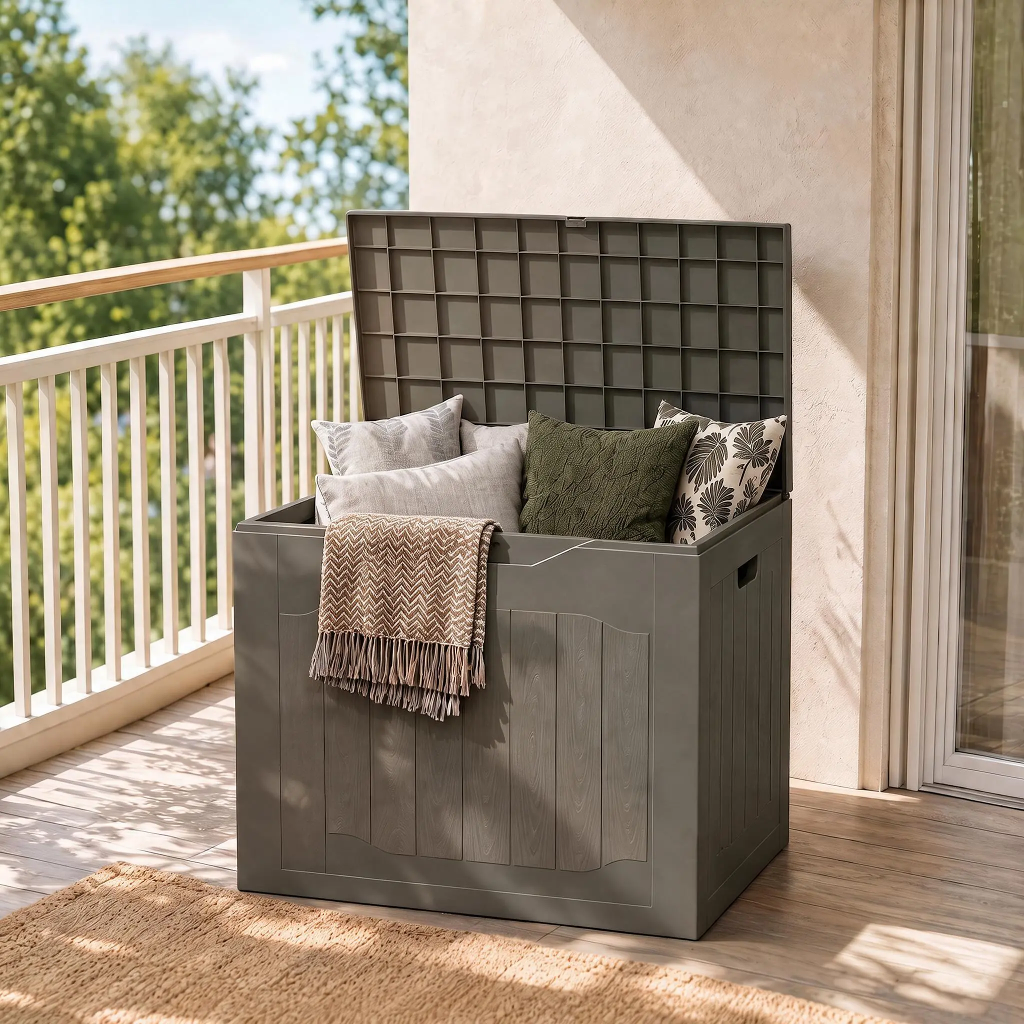 Max4out 35gal Compact Square Shape Weatherproof Resin Wood-Grain Deck Box - Lockable Lid, Smooth Cover, Side Handles, Heavy-Duty Farmhouse Storage Organizer for Garden Tools, Outdoor Accessories, Blankets, Storage Organization Needs