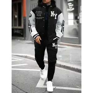 Two-piece Set Men's Letter Graphic Print Patchwork Drop Shoulder Varsity Jacket & Drawstring Waist  Pocket  Pants Set, Casual Fashion Cozy Regular Fit Outfits for Daily Outdoor Wear, Men Clothes for Fall & Winter