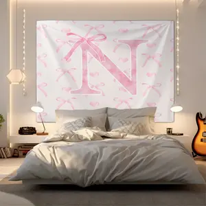 Dreamy Pink Bow Letter "N-Z" Print Tapestry,Cute Romantic Girly Wall Hanging,Elegant Bowknot & Monogram Design Tapestries,Aesthetic Wall Art Decor for Bedroom,Dorm,Girls’ Room,Living Room & Apartment,Lovely Home Decoration Tapestrys