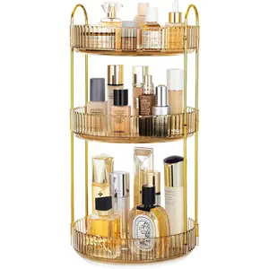 360 Rotating Makeup Organizer Countertop 3 Tier Bathroom Organizer Spinning Perfume Organizers, Skincare Organizers Makeup Carousel Cosmetic Brush Storage for Vanity, Countertop, Gold