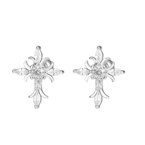 [LUMI63] Sterling Silver Floral Cross Bullet Back Earring, Iced out AAAAA+ Cubic Zirconia Stud Earrings for Women Men, Women Jewelry