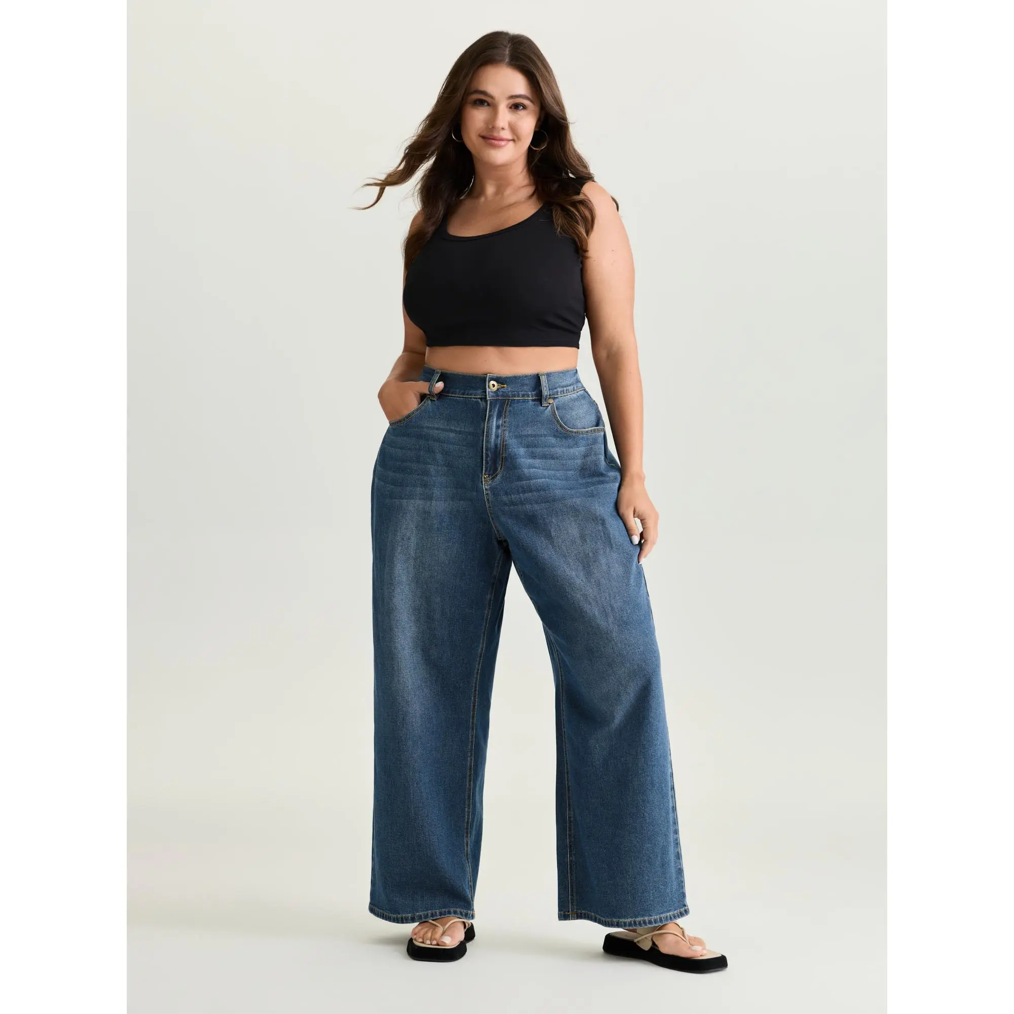 BloomChic Women's Plus Size Pull-On Baggy Wide-Leg Elastic Waist Jeans - Spandex Cotton Blend Fabric, Medium Stretch, Back Elastic Waist, Pockets, Low Iron, Women's Bottoms, Summer Finds, Curvy Clothing