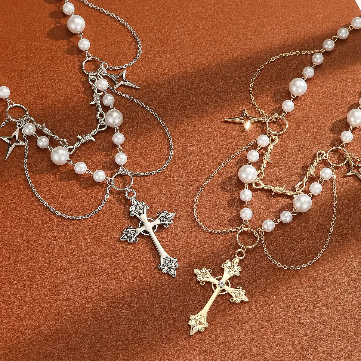 LunaStdla Victorian Pearl Gothic Cross Rosary Necklace - Vintage Baroque Multi-Layered Cross Necklace for Y2K Style Girl Woman with Hexagram Design,Suitable for Halloween, Anime Cosplay & Coser.