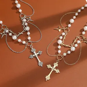LunaStdla Victorian Pearl Gothic Cross Rosary Necklace - Vintage Baroque Multi-Layered Cross Necklace for Y2K Style Girl Woman with Hexagram Design,Suitable for Halloween, Anime Cosplay & Coser.