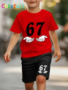 Cute Number Casual Set Outfit Colorblock + '67' Palm Print, Adorable Kids Daily Wear, Clothes Kids, Perfect for Outdoor Activities