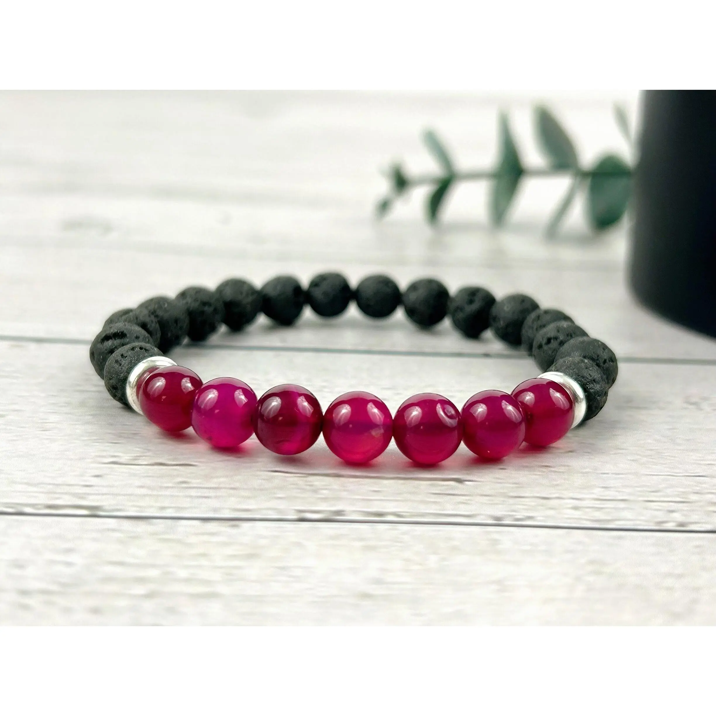Hot Pink Chalcedony Bracelet with Black Lava Beads - Diffuser Bracelet - Essential Oil Bracelet