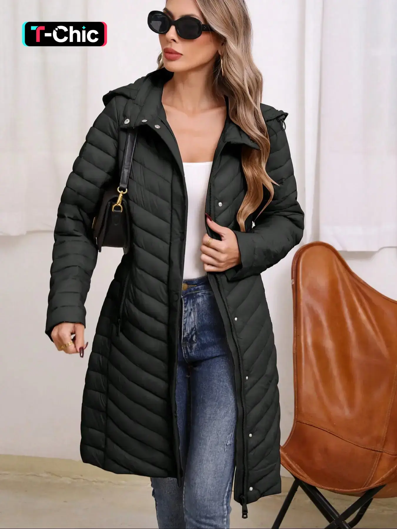 Women's Winter Mid-Length Hooded Casual Cotton Jacket, Simple Style Commuter Lightweight Outerwear for Fall & Winter, Fitted Plain Design