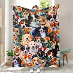 1pc Adorable Dog Print Flannel Blanket - Soft & Comfortable, Machine Washable, All-Season Use,  Blend, Ideal for Bed, Sofa, Camping, Travel, Camping Accessory | Playful Dog Design