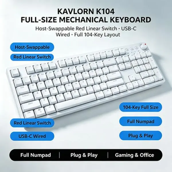 KAVLORN K104 Full-Size Mechanical Keyboard with Red Linear Switch USB-C Wired 104-Key Layout for Gaming & Office Use