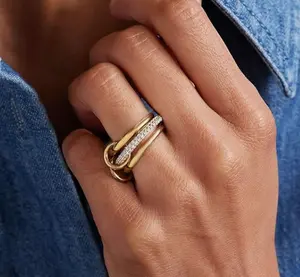 14k Gold Plated Chunky Statement Cubic Zirconia Rings, Silver Gold Multi Ring Interlocking Mixed Metals Stack Rings Set Non Tarnish