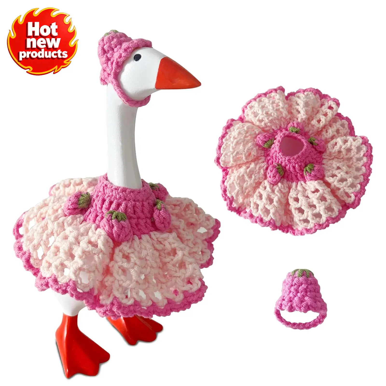 7-Inch Crochet Knit Polyester Outfit Set for 7-Inch Mini Magnetic Porch Geese Statue - Handmade Pink Strawberry Dress & Hat, Cute DIY Felt Crafts Goose Decor Accessories for Valentine's Day, Cute Knitting Geese Decor, Cool, 7 Inches