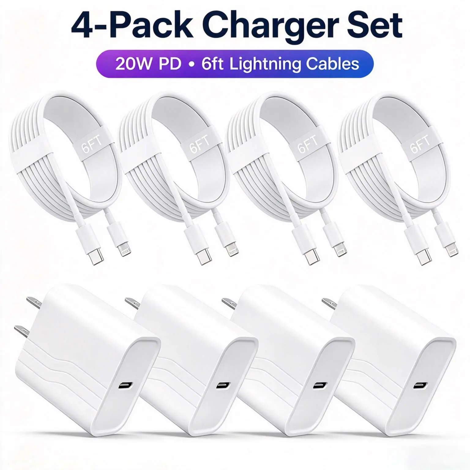 4-Set For  Fast Charging Kit | 20W PD USB-C Wall  with 6FT USB-C to Lightning Cable | Compatible with  14 13 12 11 Pro Max XS XR SE AirPods iPad& More high speed cord charge cable usb cable super  type c