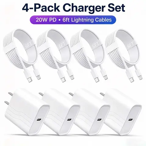 4-Set For  Fast Charging Kit | 20W PD USB-C Wall  with 6FT USB-C to Lightning Cable | Compatible with  14 13 12 11 Pro Max XS XR SE AirPods iPad& More high speed cord charge cable usb cable super  type c