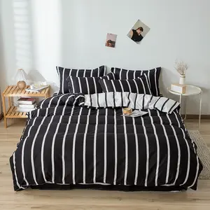 New 3pc Black background white vertical stripe duvet cover three piece set (1 duvet cover+2 pillowcases without pillowcases) Soft touch duvet cover can be washed with water, simple and fresh style set suitable for all seasons Bedroom Bedding Set