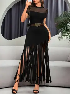 Gothic Punk Vintage Sheer Mesh Asymmetrical Irregular Fringed Fitted Short Sleeve Dress, Unique Fashion for Bold Styles, Trendy Women's Summer Apparel