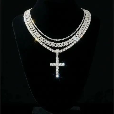 3pcs/set Iced Out Cross Pendant Necklace for Men, Layered Cuban Link & Tennis Chain, Hip Hop Fashion Jewelry, Statement Necklace, Necklace Stack
