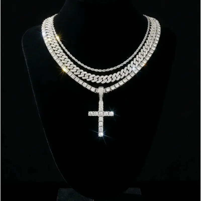 3pcs/set Iced Out Cross Pendant Necklace for Men, Layered Cuban Link & Tennis Chain, Hip Hop Fashion Jewelry, Statement Necklace, Necklace Stack