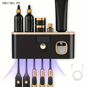 Portable UV Sterilizing Toothbrush Holder, Wall-Mounted Multifunctional Toothbrush Storage Rack with Automatic Toothpaste Dispenser, Portable Home Bathroom Smart Electric Toothbrush Stand, USB Rechargeable Bathroom Toothbrush Holder.