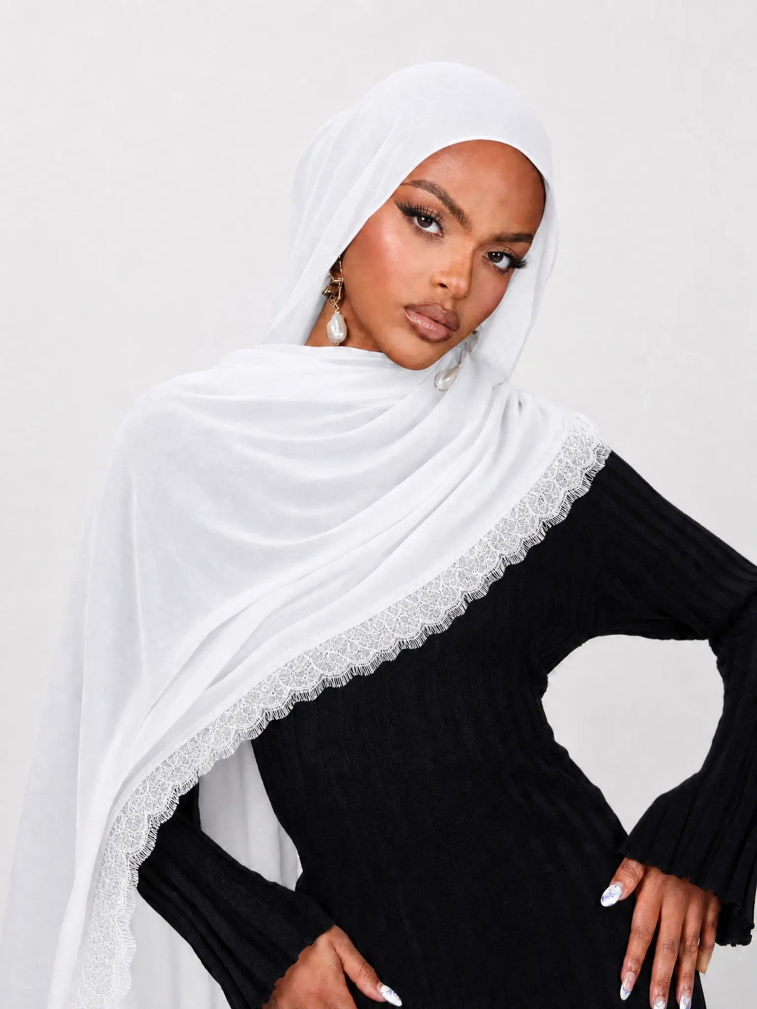 1pc Long Women's Fashion Floral Lace Muslim Modesty Hijab Scarf, Chiffon Headscarf Shawl, Daily Wear Accessory, Birthday Gift, Modesty Hijab Wrap