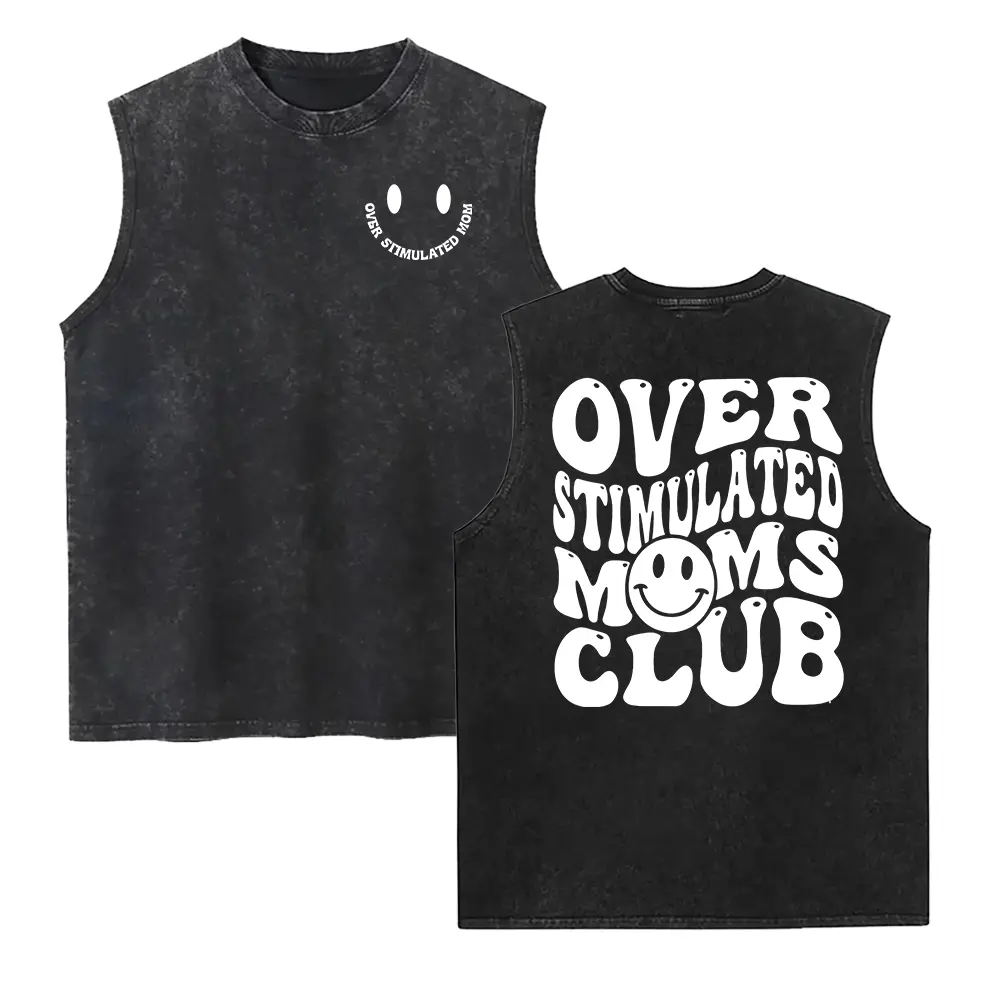 Women's Funny Cotton Short-Sleeve Crew Neck Plain Fitted Washed Vest - Over Stimulated Moms Club Themed, Casual Golf-Inspired Unisex , Summer Streetwear Essential Gift for Moms, Summervibes Outdoor Fun