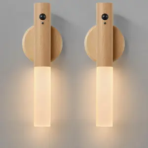 Premium Beech LED Wall Sconce 2-Pack with Motion Sensor, Rechargeable Detachable Magnetic Nightlight, Ideal for Bedroom, Stairs Decor