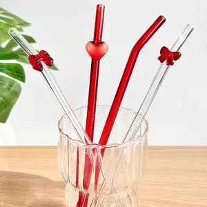 Bow Glass Straw with Heart Decoration, Glass Straw Drinkware, Heat Resistant Cold Proof, Includes Cleaning Brush, Perfect for Coffee Juice Milkshake Party Gift
