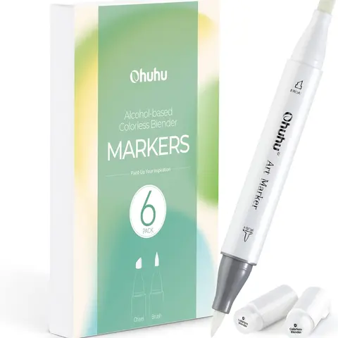 Ohuhu Alcohol Markers: Chisel & Brush Colorless Blender Set - 6-Pack No.0 Alcohol-Based Ink Tools for Highlights, Textures, Mistake Erasing, Patterns - Compatible with All Alcohol Markers - Honolulu Series of Ohuhu