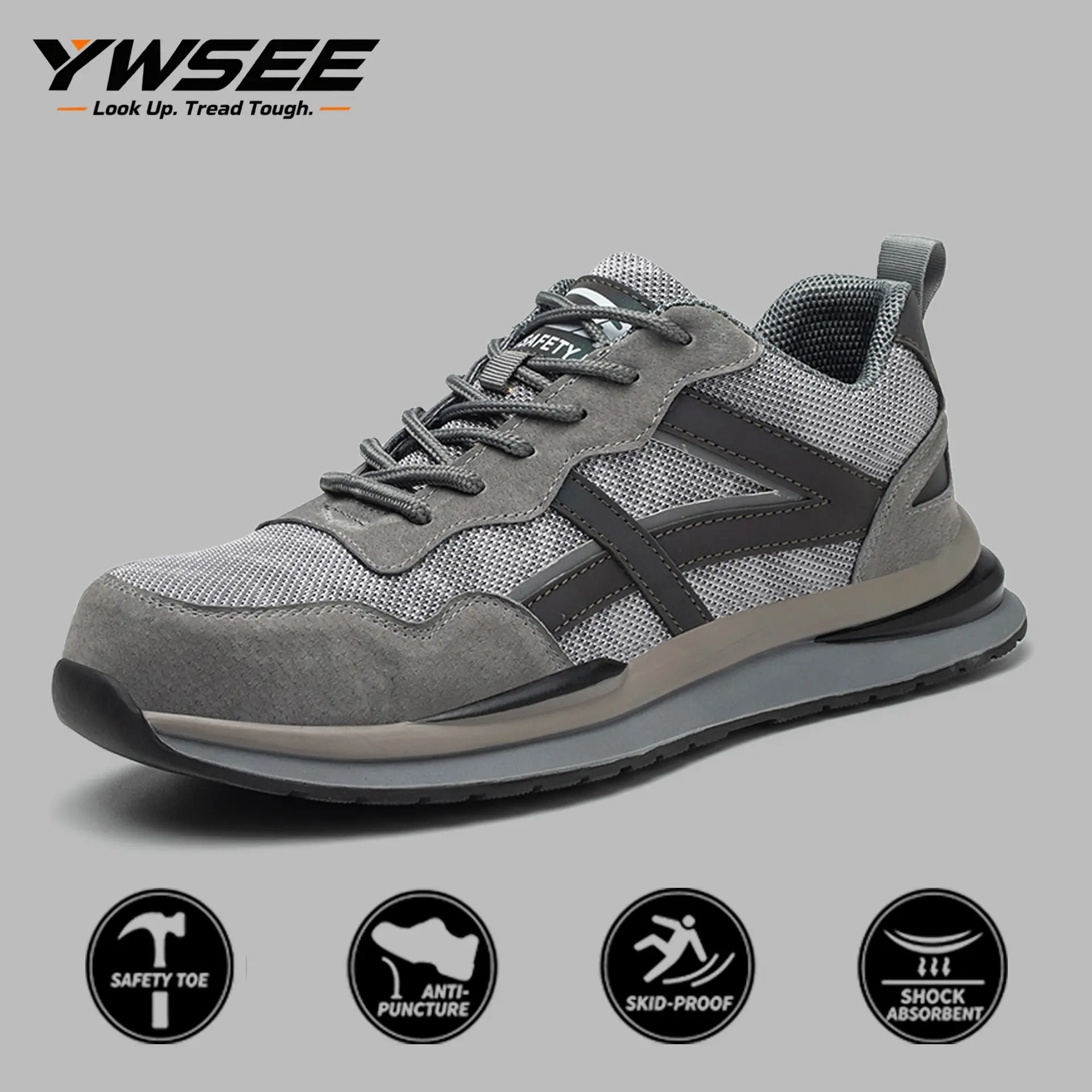 YWSEE Men's Steel Toe Safety Shoes, Lightweight Work Sneakers with Anti Slip Rubber Sole, Puncture Resistant Protective Footwear, Comfortable Construction Shoes for Long Hours Standing, Industrial Work Shoes for Warehouse Workers, Builders