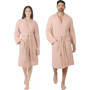 100% Cotton Muslin Bathrobe - 4-Layer Absorbent Robe with Pockets & Belt for Bath, Spa, or Lounging