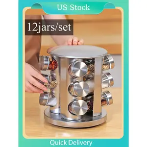 12pcs/set Silvery Stainless Steel Rotating Spice Jar Set, With 12 Glass Jars And A Revolving Stainless Steel Storage Rack For Countertop Use, Useful Kitchen Accessory For Organizing Spices And Seasonings