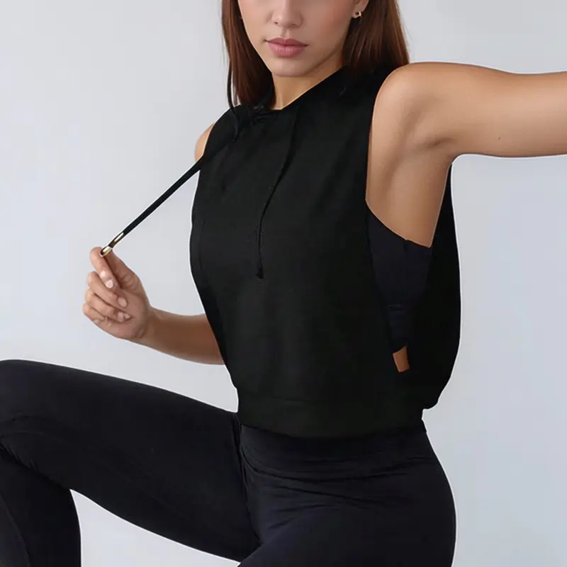 Spring Summer Women's Drawstring Lightweight Sports Top, Active Top, Casual Workout Tops, Workout Style Fashion, Breathable Quick-Dry Sleeveless Hoodie, Comfortable Fashion Design for Sport & Daily Wear